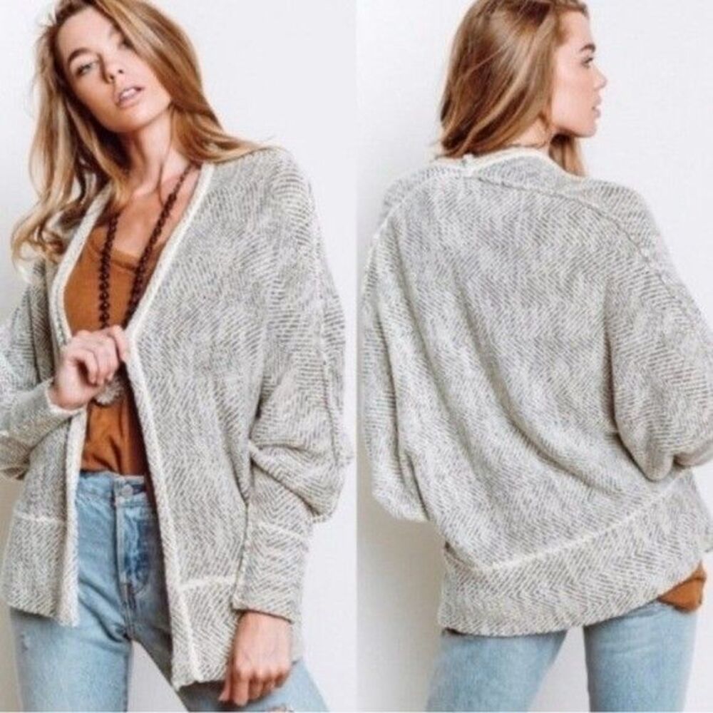 Free People Motions Open-Front Cardigan Herringbone Women Sz L Boho Classic